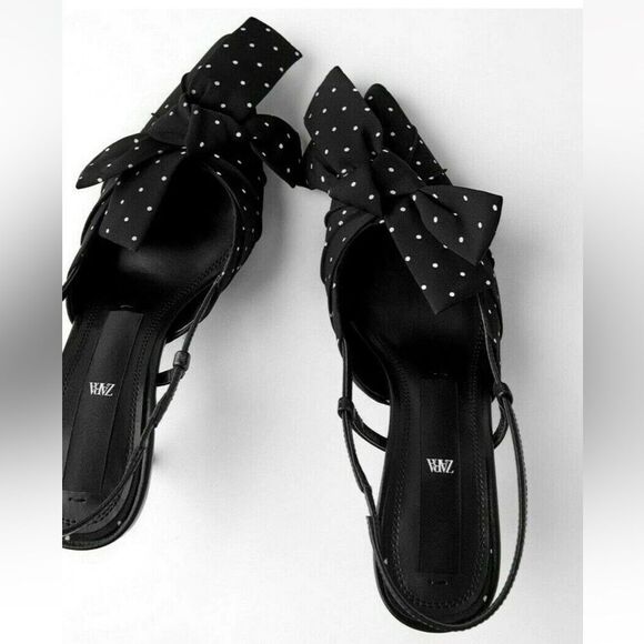 Zara Black & White Polka Dot Kitten Heel Sling back Shoes(Size 39) - Picture 2 of 10